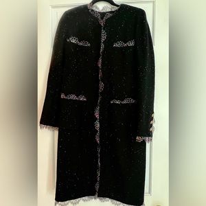 Chanel Women's Scalloped Lace Trim and beaded Collarless Coat in black Tweed